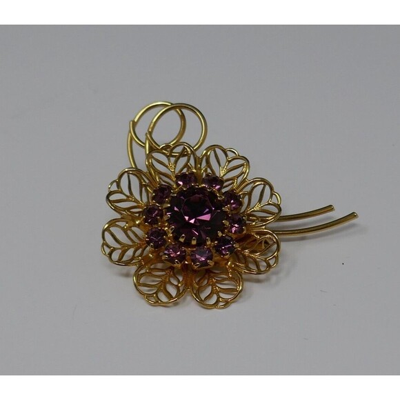 Gold Tone Purple Colored Rhinestones Flower Pin Brooch - Picture 3 of 9